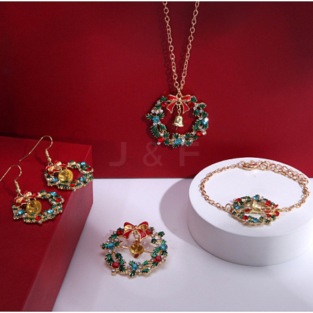 Christmas Wreath & Bell Alloy Rhinestone Pendant Necklaces & Dangle Earrings & Charm Bracelets & Brooch Sets WG06691-09-1