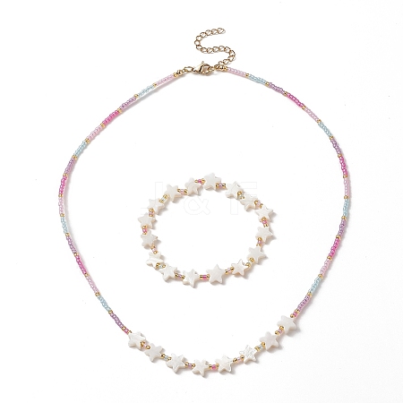 Natural Shell Star & Glass Seed Beaded Necklace & Stretch Bracelet SJEW-JS01271-1
