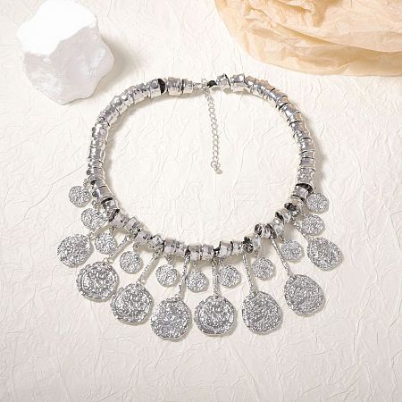Zinc Alloy Textured Coin Tassel Bib Necklaces for Women FS-WG89C47-02-1