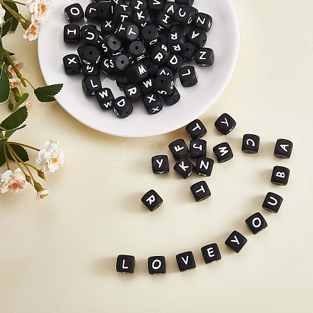 20Pcs Black Cube Letter Silicone Beads 12x12x12mm Square Dice Alphabet Beads with 2mm Hole Spacer Loose Letter Beads for Bracelet Necklace Jewelry Making JX433B-1