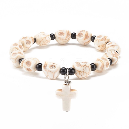 Natural Mashan Jade Skull Beaded Stretch Bracelet with Synthetic Turquoise(Dyed) Cross Charm BJEW-JB08378-01-1