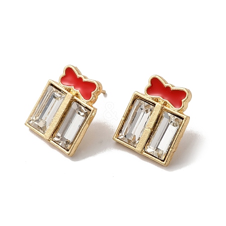 Christmas Enamel Bowknot Gift Box Alloy Glass Stud Earrings for Women EJEW-E284-07LG-1