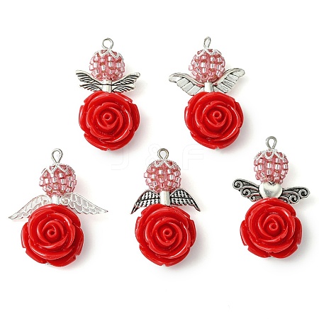 5Pcs 5 Styles Red Rose Flower Resin & Glass Seed Pendants PALLOY-MZ00287-1