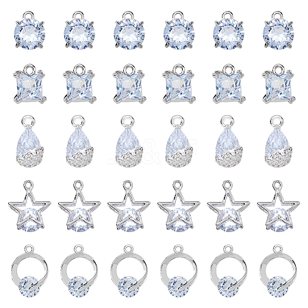 SUPERFINDINGS 30Pcs 5 Styles Alloy Cubic Zirconia Pendants ZIRC-FH0001-48-1