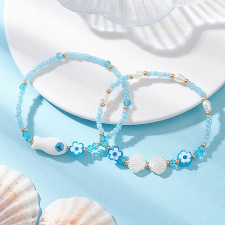 2Pcs Glass with ABS Imitation Pearl Acrylic Beaded Bracelets for Women BJEW-MZ00293-1