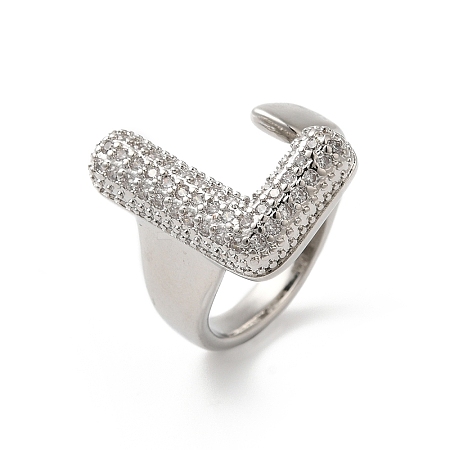 Letter Brass Micro Pave Clear Cubic Zirconia Open Cuff Ring for Women RJEW-N046-03L-P-1