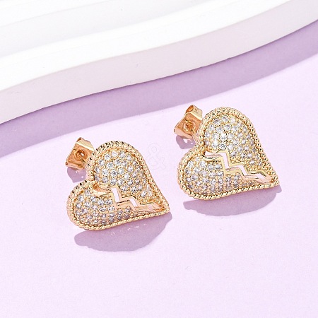 Broken Heart Brass Micro Pave Cubic Zirconia Stud Earrings EJEW-B153-19G-04-1