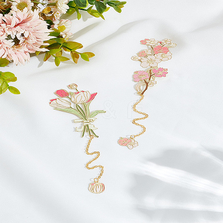 2Pcs 2 Styles Brass & Iron Enamel Flower Bookmarks with Chain AJEW-LP0005-86A-1