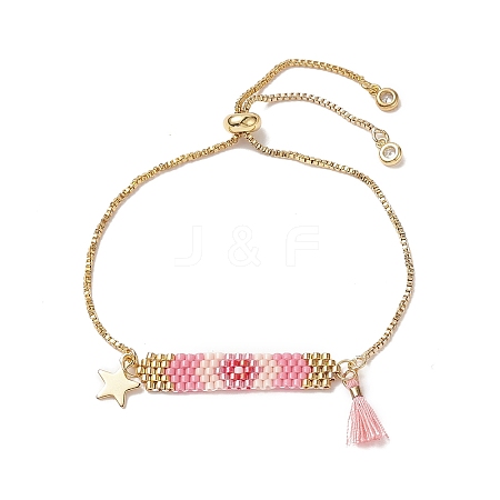 Handmade Japanese Seed Rectangle & Star & Tassel Charms Slider Bracelet BJEW-MZ00013-02-1
