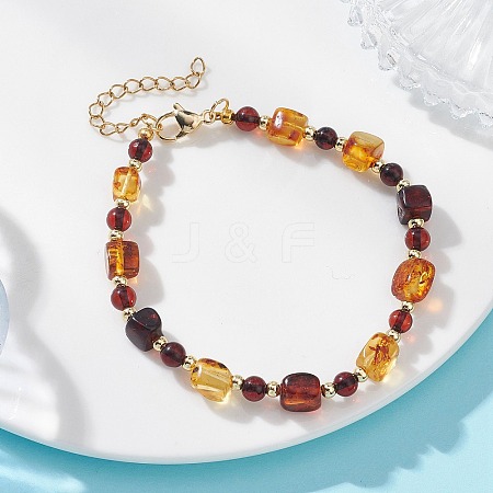 Natural Amber & Brass Beaded Bracelets for Women BJEW-JB13664-1