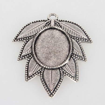 Tibetan Style Alloy Leaf Pendant Cabochon Settings X-TIBEP-N003-44AS-1