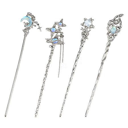 4Pcs 4 Styles Tibetan Style Alloy Resin Hair Sticks OHAR-SC0001-14-1