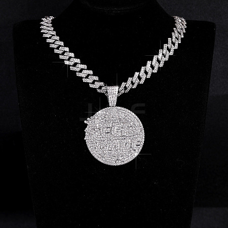 Hip-Hop Alloy Full Crystal Rhinestone Self Made Medal Pendant Cuban Link Chain Necklaces for Men Women FS-WG8D003-07-1