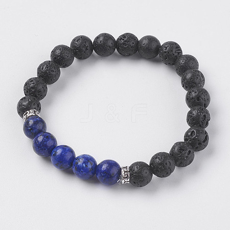 Natural Lava Rock and Natural Lapis Lazuli Beads Stretch Bracelets BJEW-I241-10B-1