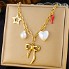 304 Stainless Steel Red Enamel Italian Horn & Imitation Pearl Heart Pendant Bib Necklaces for Women FS-WG17725-04-1