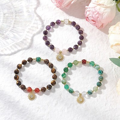 3Pcs Natural Striped Agate & Amethyst & Tiger Eye & Rose Quartz & Quartz Crystal Round Beaded Bracelets for Women BJEW-JB11934-1
