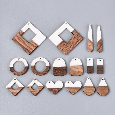 16Pcs 8 Styles Opaque Resin & Walnut Wood Pendants RESI-N053-20-1