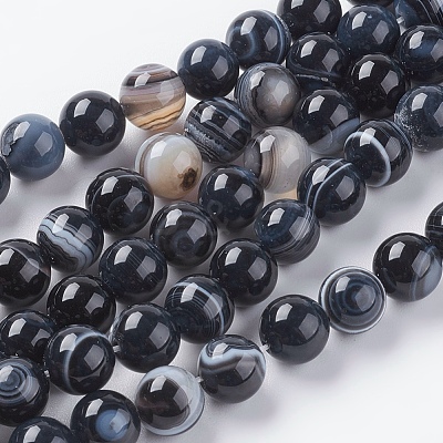 Round Dyed & Heated Natural Black Agate Beads Strands X-G-G582-8mm-07-1