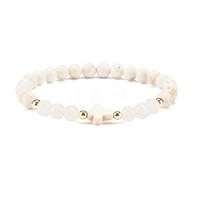Synthetic Turquoise(Dyed) & Hematite & Natural White Jade Beaded Stretch Bracelet with Cross BJEW-JB08287-1