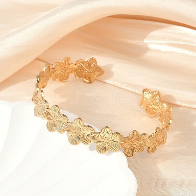 304 Stainless Steel Flower Open Cuff Bangles for Women BJEW-M316-01G-1