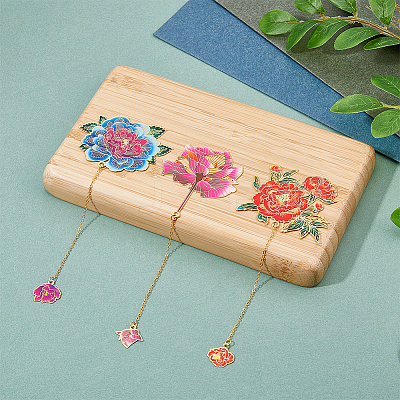 3Pcs 3 Styles Peony Flower Enamel Bookmarks AJEW-FH0004-51-1