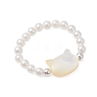 Cat Shaped Natural White Shell Beaded Stretch Finger Rings RJEW-TA00175-1