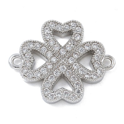 Rack Plating Brass Micro Pave Clear Cubic Zirconia Clover Connector Charms KK-A234-042P-1