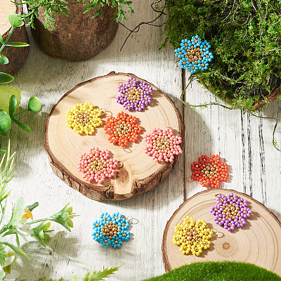 10Pcs 5 Styles Glass Seed Beaded Flower Pendants PALLOY-TA00388-1