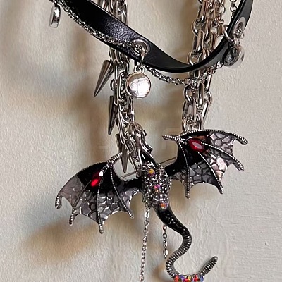 Alloy Resin Rhinestone Dragon Pendant Black PU Leather Double Layer Choker Necklaces for Women FS-WGA08B0-01-1