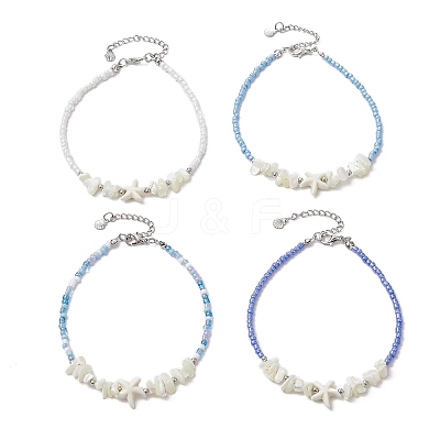 4Pcs 4 Colors Summer Natural Shell & Synthetic Magnesite Star & Glass Seed Beaded Anklets AJEW-AN00680-1