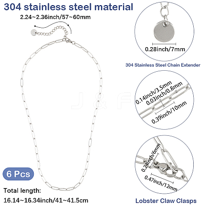 6Pcs 304 Stainless Steel Paperclip Chain Necklaces NJEW-SC0001-57A-P-1