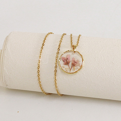 Alloy & Plastic Inner Flower Flat Round Pendant Necklaces FS-WG8915D-03-1