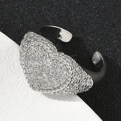 Heart Brass Micro Pave Cubic Zirconia Cuff Rings for Women RJEW-A069-11P-01-1