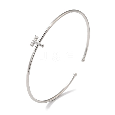 Rack Plating Brass Micro Pave Clear Cubic Zirconia Letter Open Cuff Bangles BJEW-A018-01P-T-1