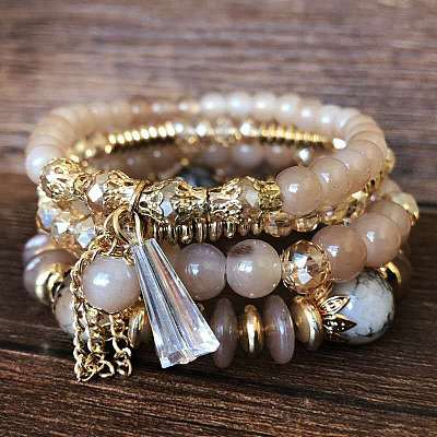 4Pcs 4 Styles Bohemian Style Alloy Glass Round Beaded Stretch Bracelets FS-WG80D8B-04-1