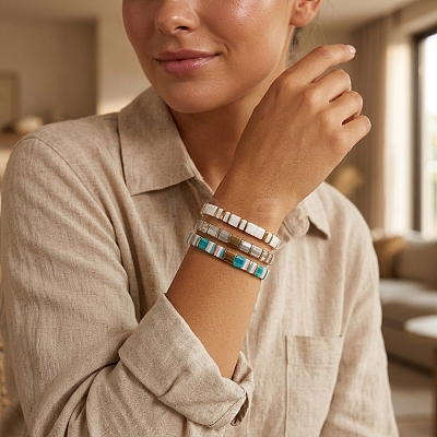 3Pcs 3 Styles Square Glass Tile Beaded Stretch Bracelet Sets with Synthetic Non-magnetic Hematite Beads for Women HZ1549-1
