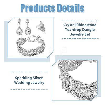 Crystal Rhinestone Teardrop Dangle Stud Earrings & Chain Bracelet & Rhombus Adjustable Ring SJEW-FI0001-19-1