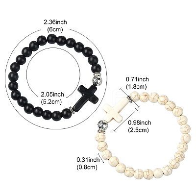 2Pcs 2 Color Dyed Synthetic Turquoise Cross & Alloy Beaded Stretch Bracelets Set BJEW-YW00002-02-1
