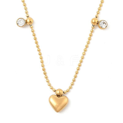 Ion Plating(IP) 304 Stainless Steel Crystal Rhinestone Flat Round & Heart Pendant Ball Chain Necklaces for Women NJEW-F328-05G-1
