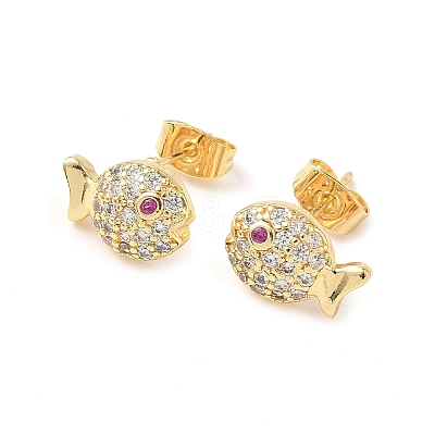 Fish Brass Micro Pave Clear Cubic Zirconia Stud Earrings EJEW-Z144-17G-1
