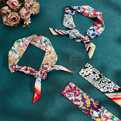 8Pcs 4 Colors Flower Pattern Imitated Silk Fabric Scarf for Women Girls AJEW-GO0004-18-1