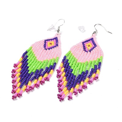 Glass Seed Braided Rhombus with Tassel Chandelier Earrings EJEW-H084-04P-1