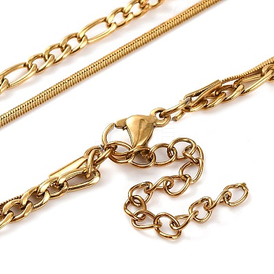 304 Stainless Steel Double Layer Figaro Chain & Herringbone Chain Necklaces for Women NJEW-G140-16C-G-1