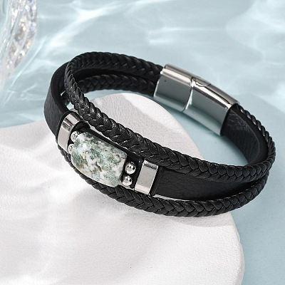 Natural Moss Agate & Braided Microfiber Leather Multi-strand Bracelets for Women Men GG-CBAEA55-01B-1