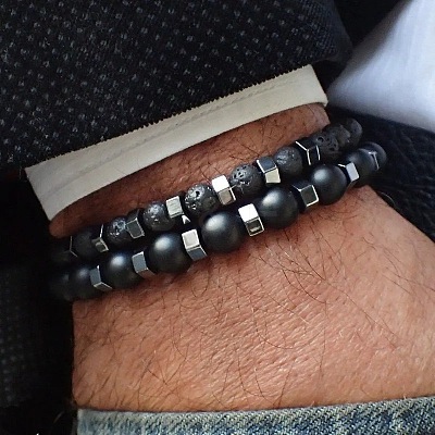 2Pcs 2 Style 8mm Round Natural Lava Rock & Frosted Black Agate Stretch Bracelets Set TH1702-1-1