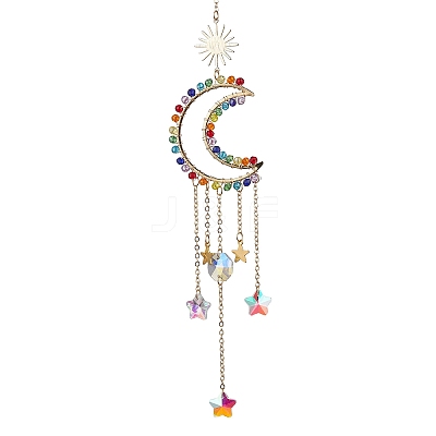 Glass Beads Wrapped Brass Moon Pendant Decooration HJEW-JM01607-1