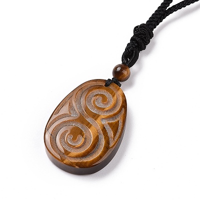 Adjustable Natural Tiger Eye Teardrop with Spiral Pendant Necklace with Nylon Cord for Women NJEW-L171-04A-1