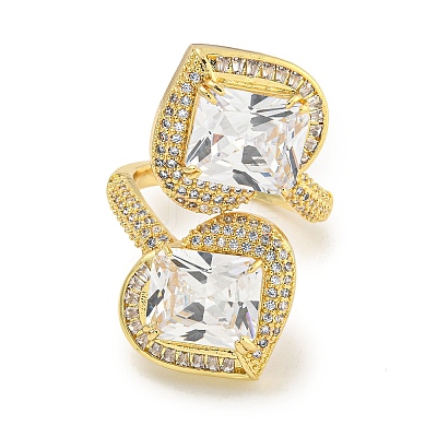 Rack Plating Brass Micro Pave Cubic Zirconia Heart Open Cuff Ring for Women RJEW-C082-16G-1