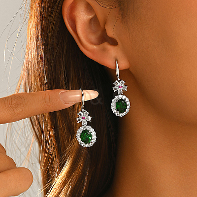 Brass Micro Pave Cubic Zirconia Flower with Oval Dangle Earrings for Women GA8760-1-1