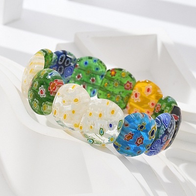 Handmade Millefiori Lampwork Beaded Stretch Bracelets for Men Women BJEW-G738-01A-01-1